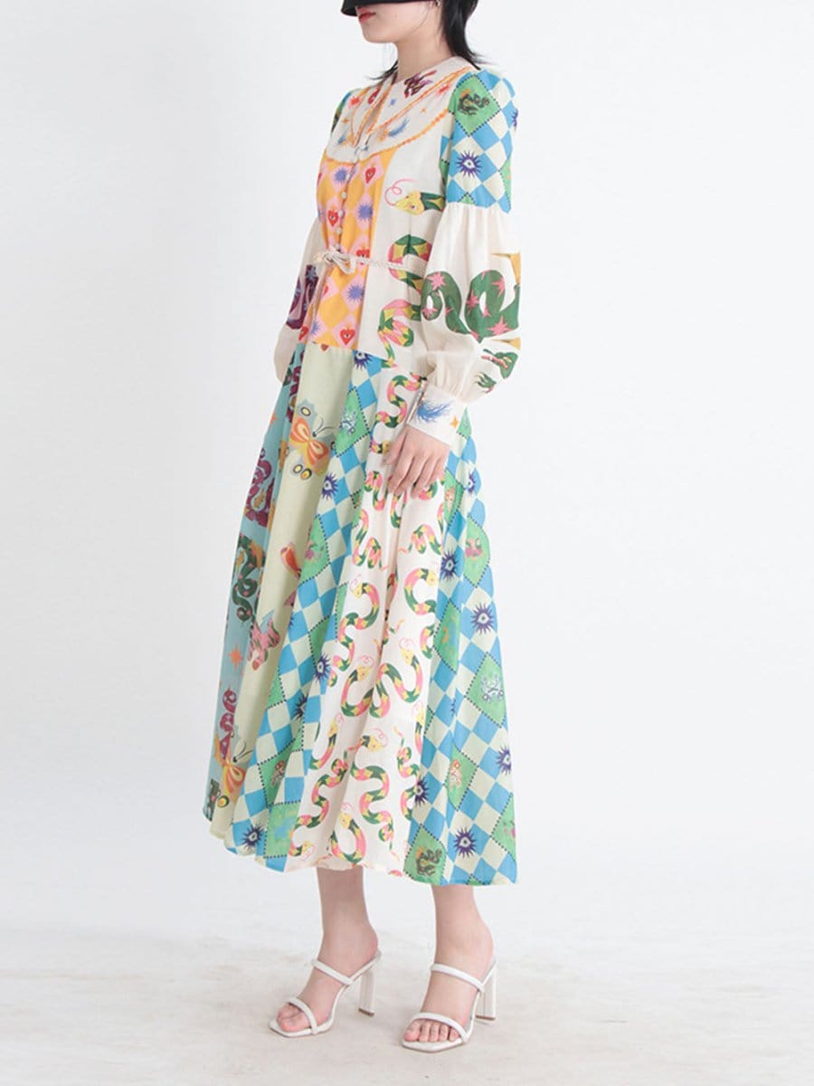 Sacred Heart Harlequin Print Collared Button-Front Bishop Sleeve Patchwork Midi Dress