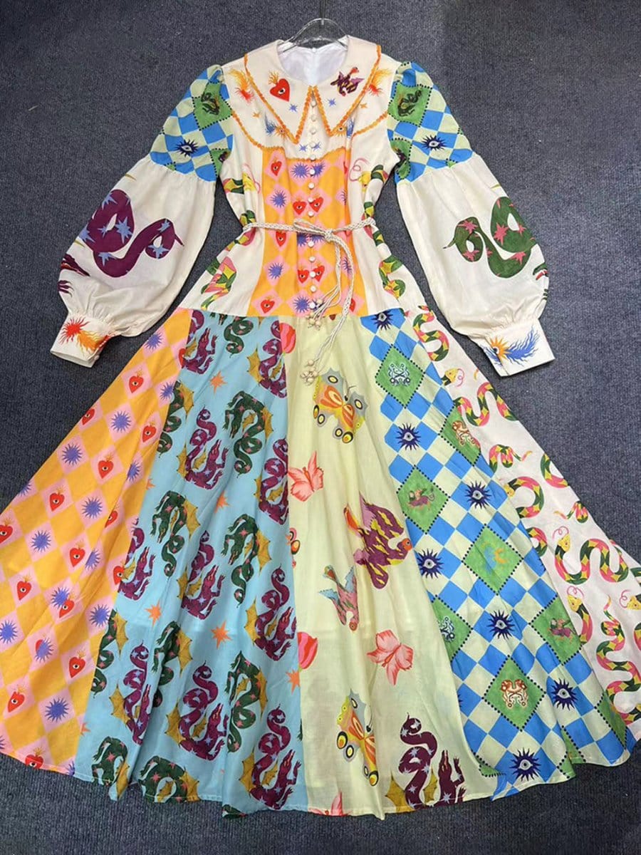 Sacred Heart Harlequin Print Collared Button-Front Bishop Sleeve Patchwork Midi Dress