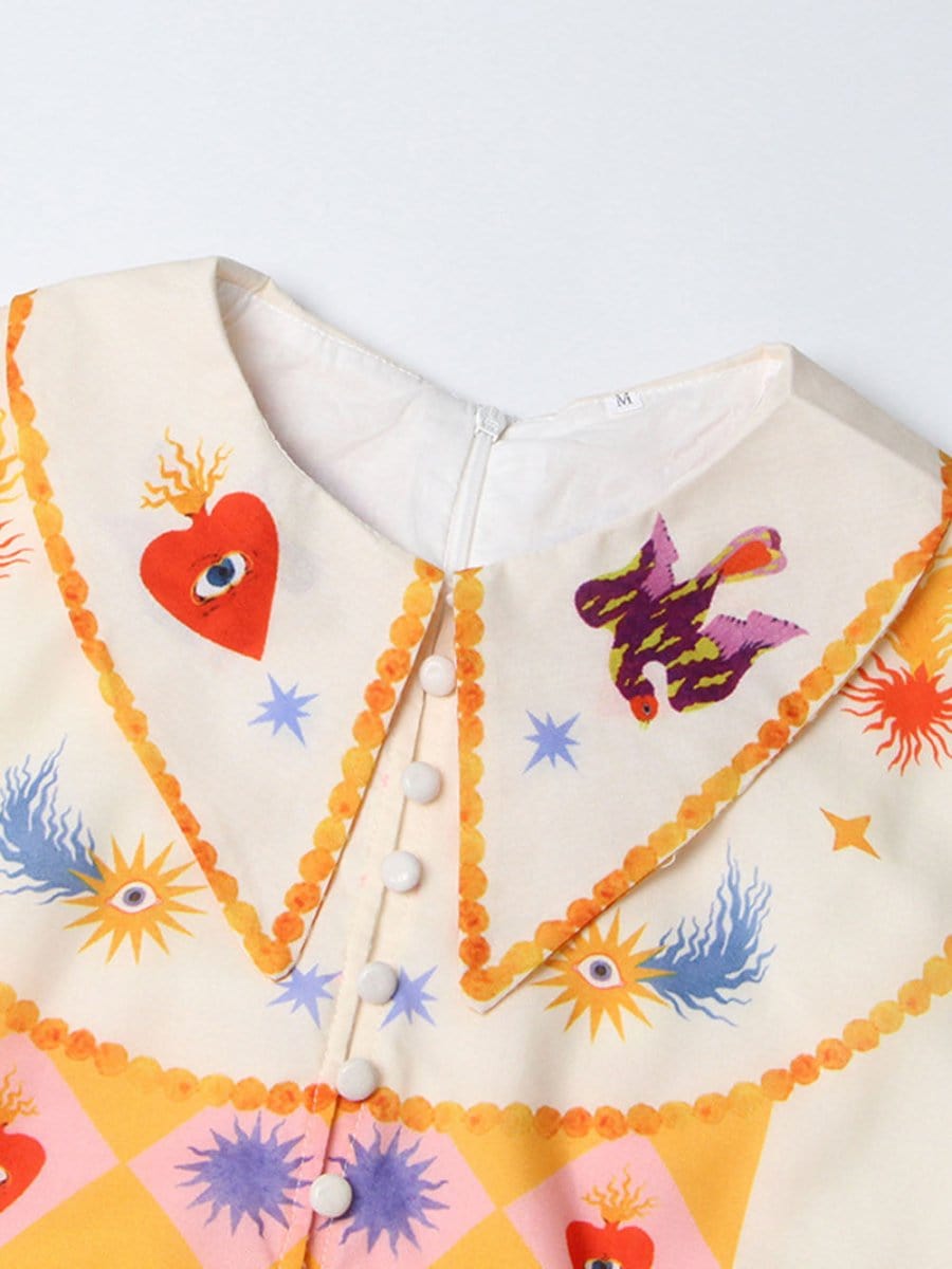 Sacred Heart Harlequin Print Collared Button-Front Bishop Sleeve Patchwork Midi Dress