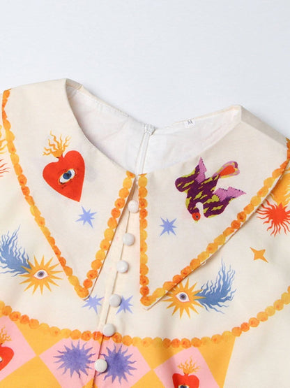 Sacred Heart Harlequin Print Collared Button-Front Bishop Sleeve Patchwork Midi Dress