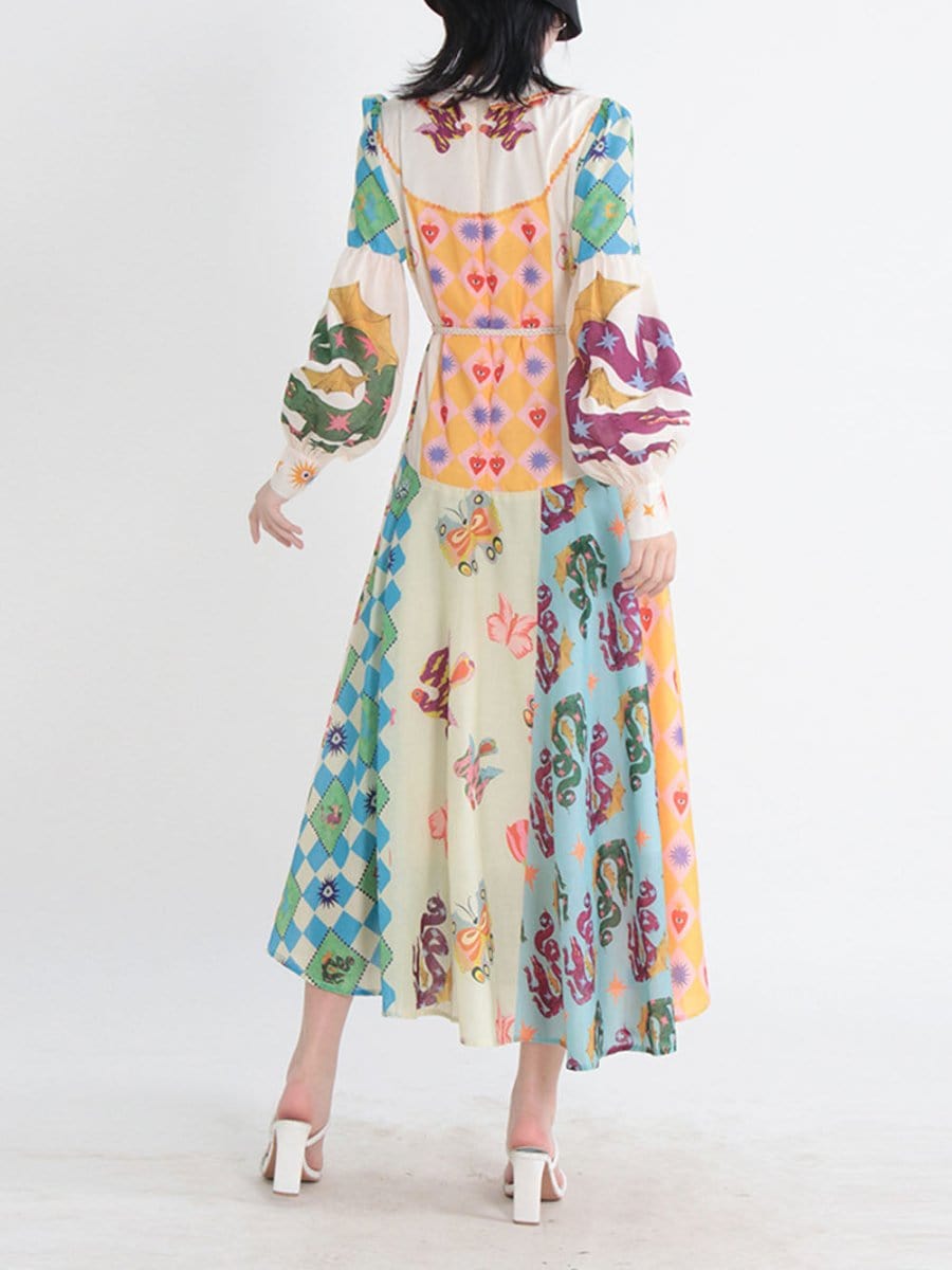 Sacred Heart Harlequin Print Collared Button-Front Bishop Sleeve Patchwork Midi Dress