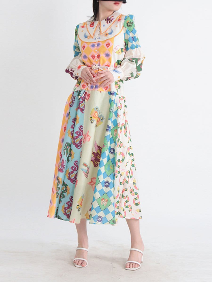 Sacred Heart Harlequin Print Collared Button-Front Bishop Sleeve Patchwork Midi Dress