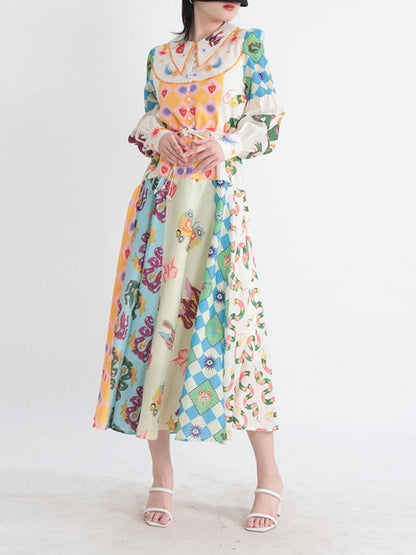 Sacred Heart Harlequin Print Collared Button-Front Bishop Sleeve Patchwork Midi Dress