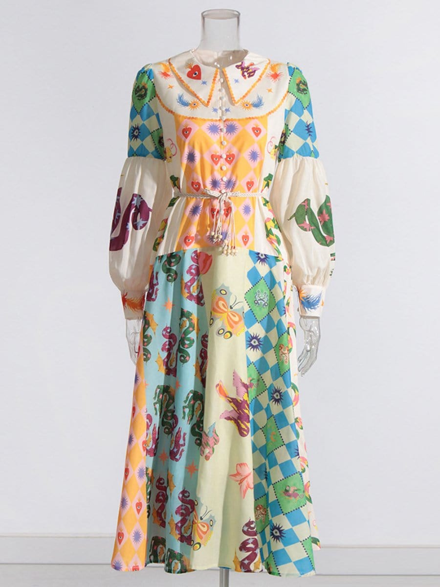 Sacred Heart Harlequin Print Collared Button-Front Bishop Sleeve Patchwork Midi Dress