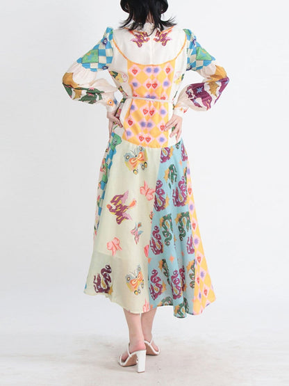 Sacred Heart Harlequin Print Collared Button-Front Bishop Sleeve Patchwork Midi Dress