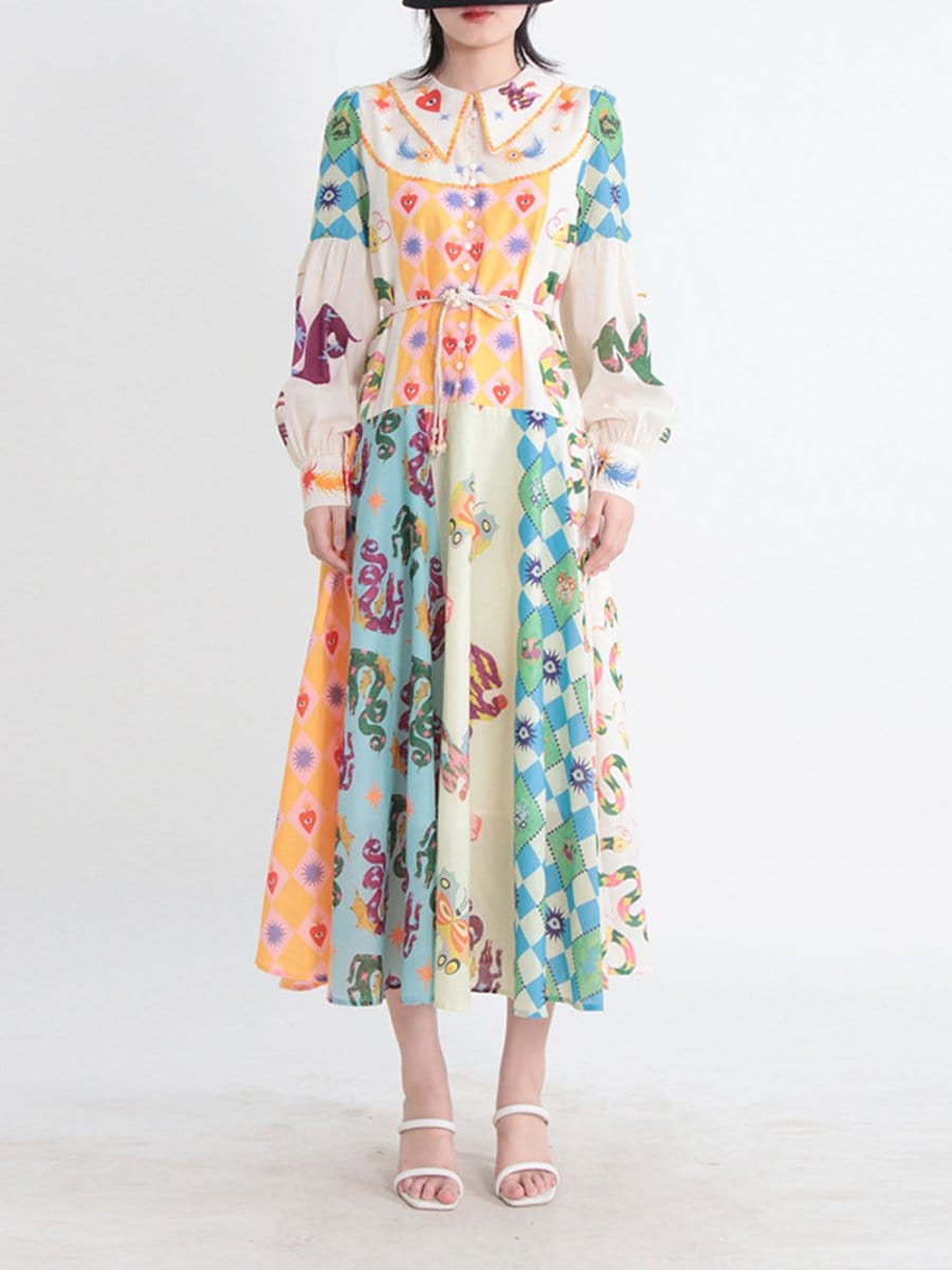 Sacred Heart Harlequin Print Collared Button-Front Bishop Sleeve Patchwork Midi Dress
