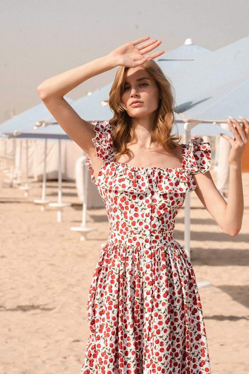 Print Square Back Ruffle Strap Tiered Flared Midi Dress