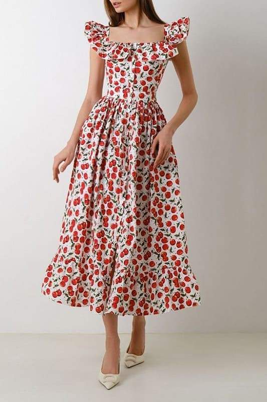 Print Square Back Ruffle Strap Tiered Flared Midi Dress