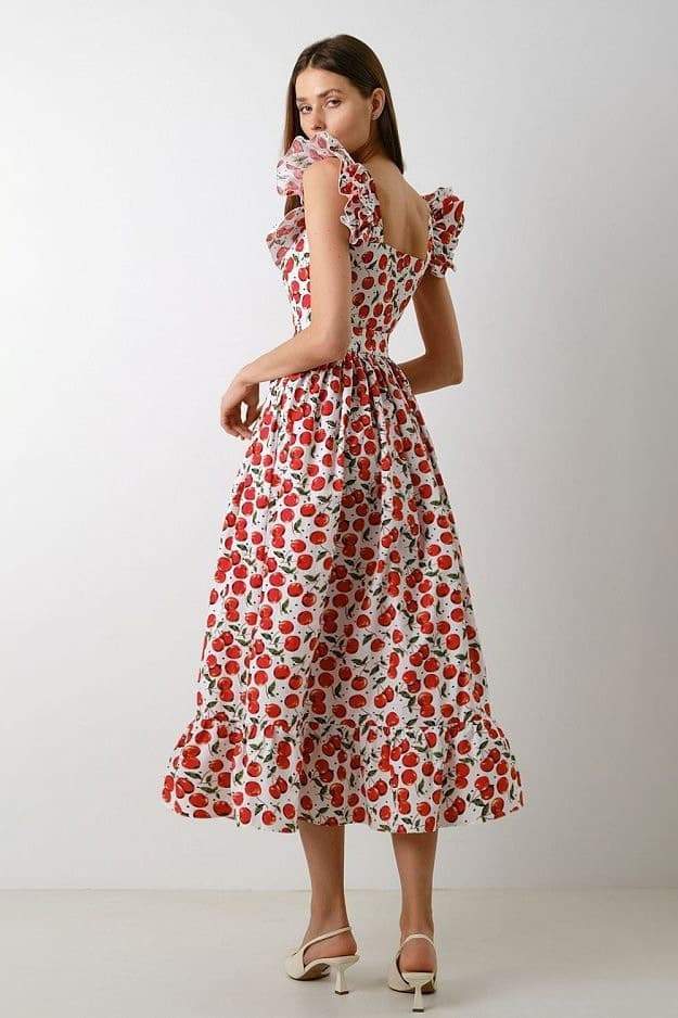 Print Square Back Ruffle Strap Tiered Flared Midi Dress
