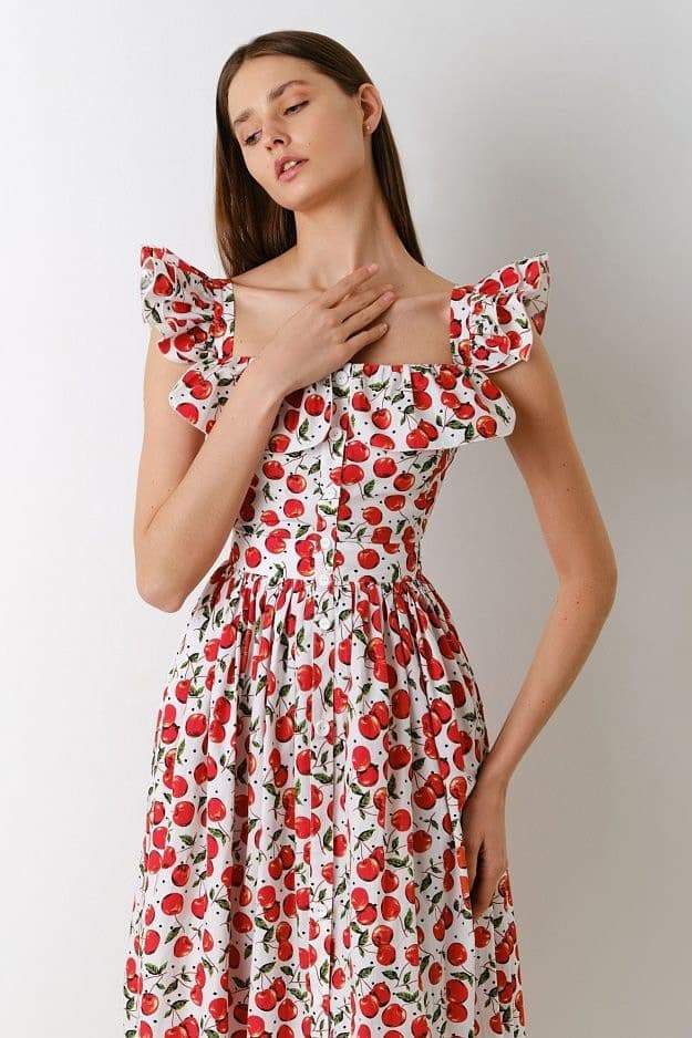 Print Square Back Ruffle Strap Tiered Flared Midi Dress