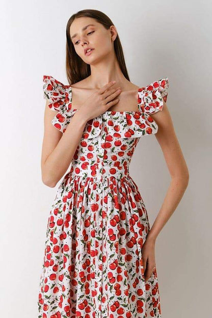 Print Square Back Ruffle Strap Tiered Flared Midi Dress