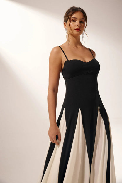 Spaghetti Strap Sweetheart Color Block Panel Ball Gown Maxi Dress