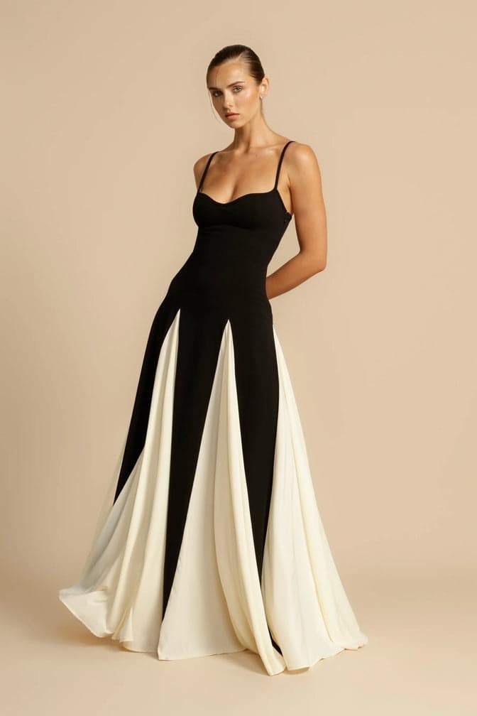 Spaghetti Strap Sweetheart Color Block Panel Ball Gown Maxi Dress