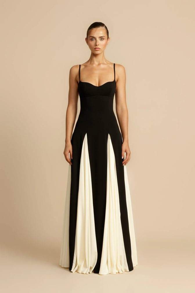 Spaghetti Strap Sweetheart Color Block Panel Ball Gown Maxi Dress