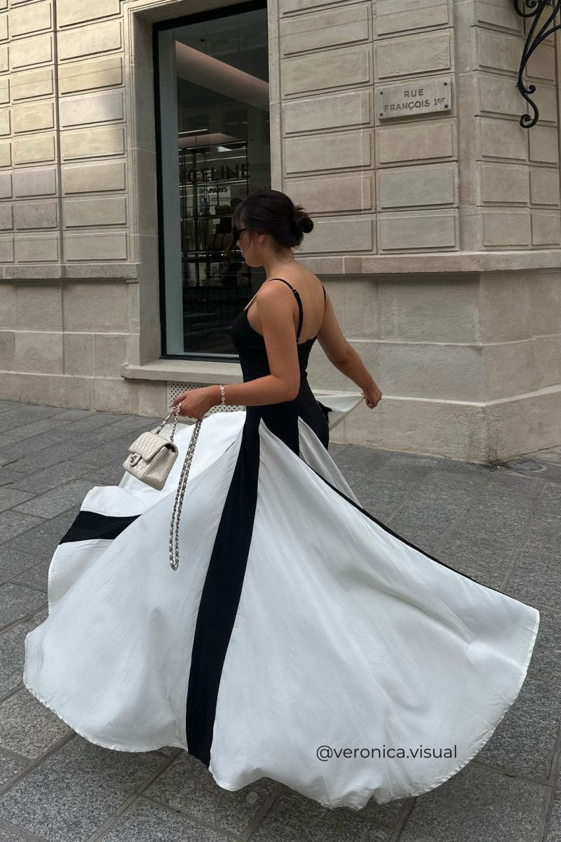 Spaghetti Strap Sweetheart Color Block Panel Ball Gown Maxi Dress
