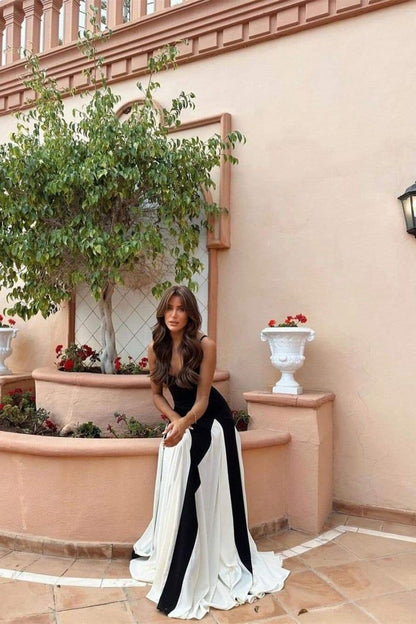 Spaghetti Strap Sweetheart Color Block Panel Ball Gown Maxi Dress