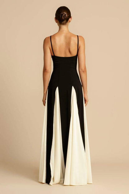 Spaghetti Strap Sweetheart Color Block Panel Ball Gown Maxi Dress