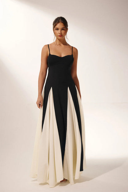 Spaghetti Strap Sweetheart Color Block Panel Ball Gown Maxi Dress