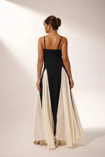 Spaghetti Strap Sweetheart Color Block Panel Ball Gown Maxi Dress