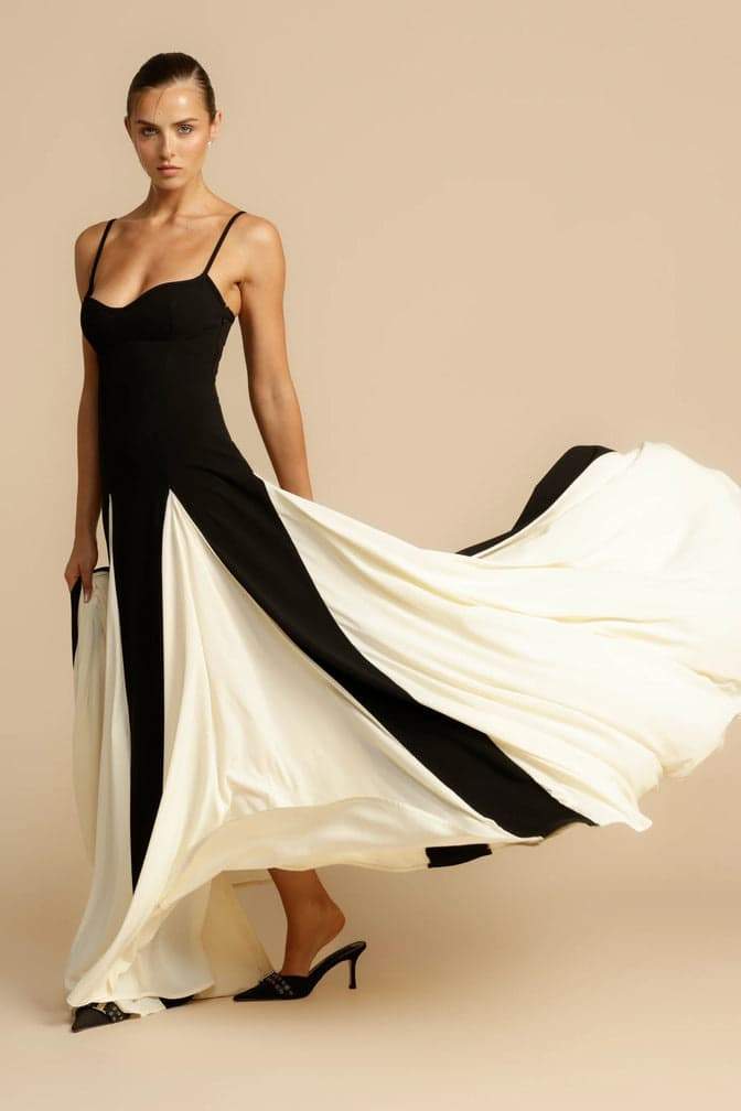 Spaghetti Strap Sweetheart Color Block Panel Ball Gown Maxi Dress
