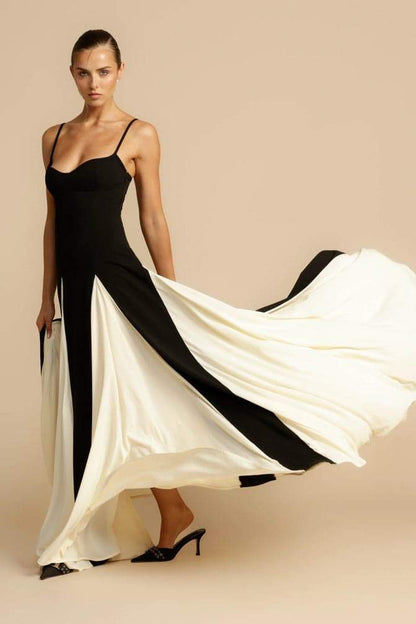 Spaghetti Strap Sweetheart Color Block Panel Ball Gown Maxi Dress