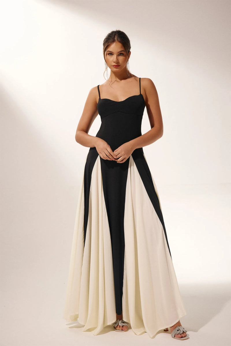 Spaghetti Strap Sweetheart Color Block Panel Ball Gown Maxi Dress