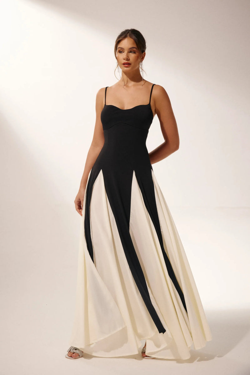 Spaghetti Strap Sweetheart Color Block Panel Ball Gown Maxi Dress