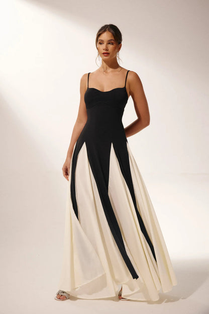 Spaghetti Strap Sweetheart Color Block Panel Ball Gown Maxi Dress