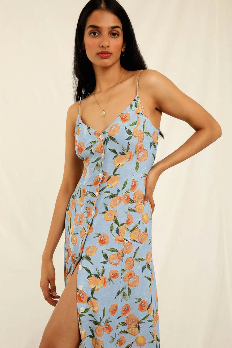 Spaghetti Strap V-Neck Button Front Fruit Print Midi Dress