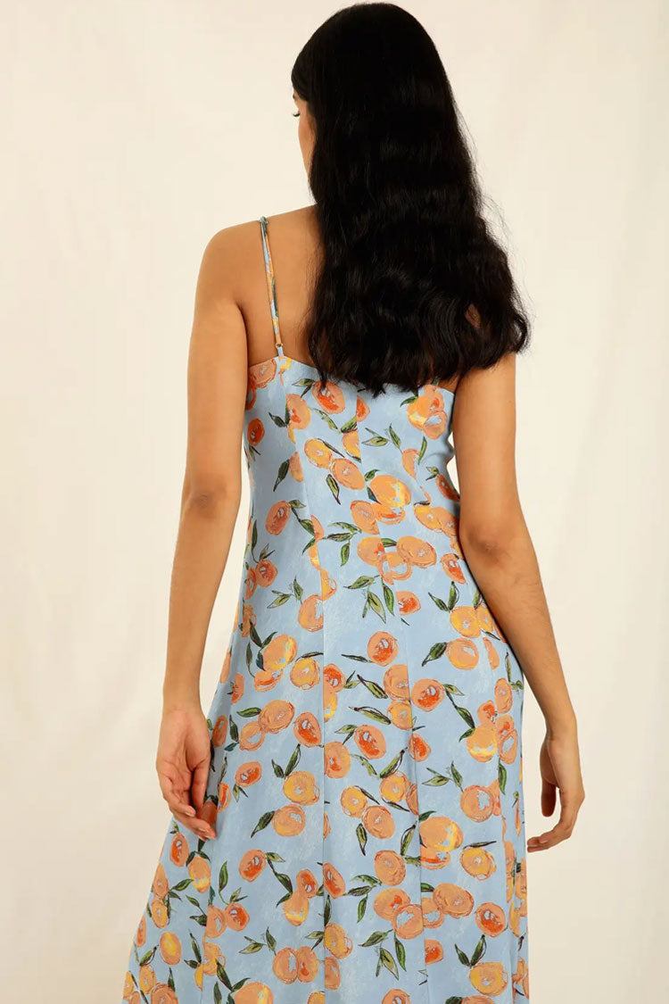 Spaghetti Strap V-Neck Button Front Fruit Print Midi Dress