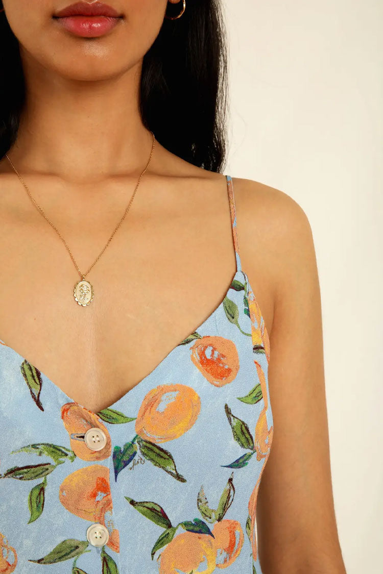 Spaghetti Strap V-Neck Button Front Fruit Print Midi Dress