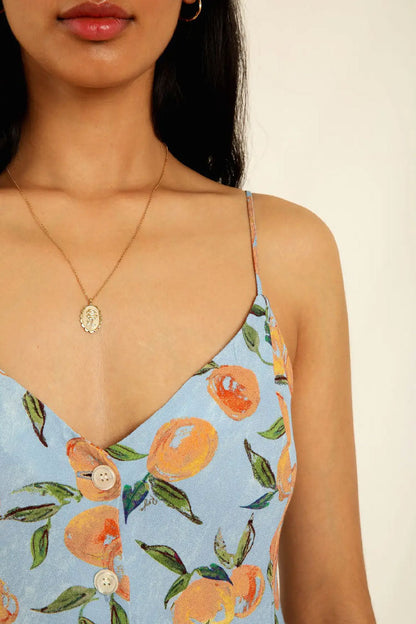 Spaghetti Strap V-Neck Button Front Fruit Print Midi Dress