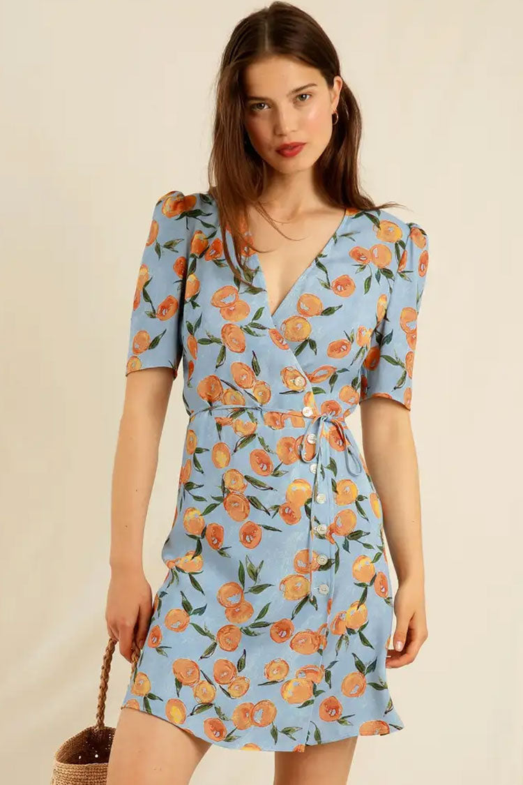 Print Wrap Puff Sleeve Tie Waist Mini Dress