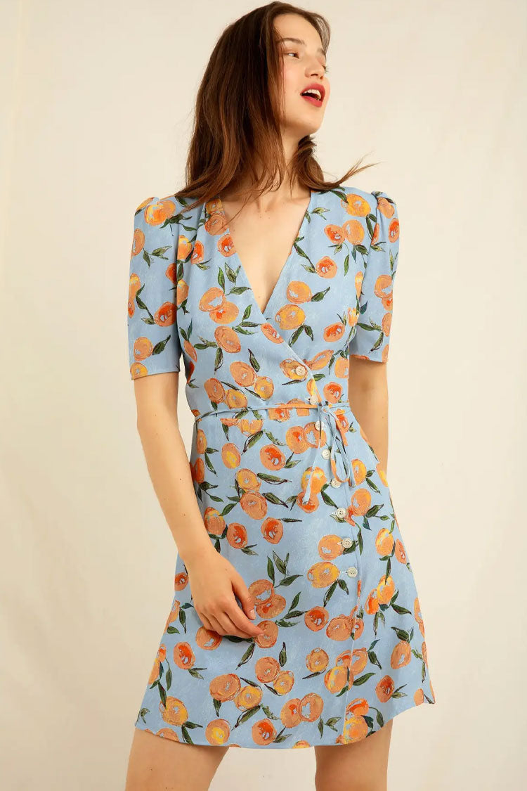 Print Wrap Puff Sleeve Tie Waist Mini Dress