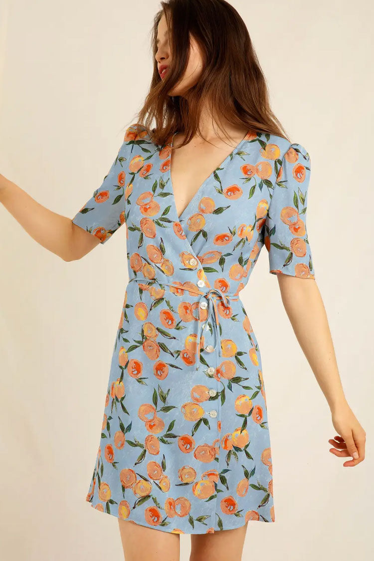 Print Wrap Puff Sleeve Tie Waist Mini Dress
