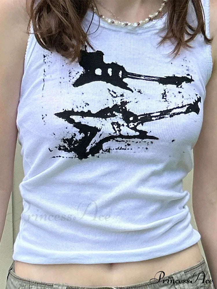 Guitar Print Sleeveless Y2K Casual Ribbed Women Crop Harajuku Fashion Vest 90s Street Outfits Tank top
