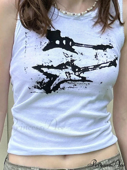 Guitar Print Sleeveless Y2K Casual Ribbed Women Crop Harajuku Fashion Vest 90s Street Outfits Tank top