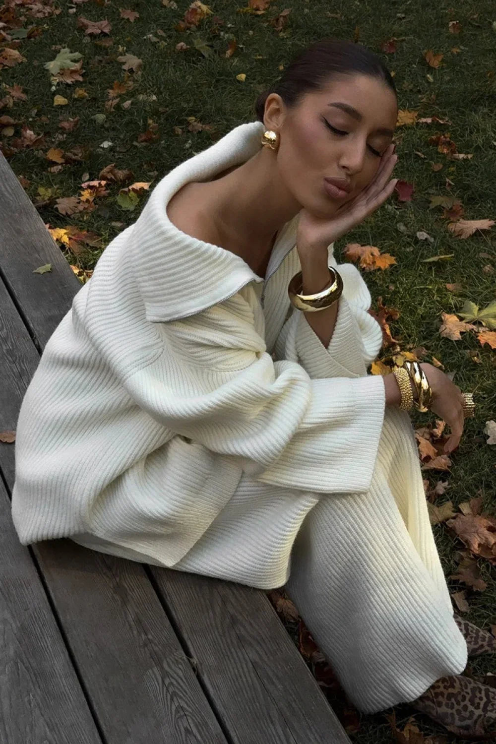 Half-Zip Knit Collared Long Sleeve Wide Leg Two Piece Set