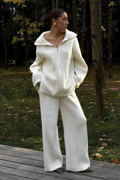 Half-Zip Knit Collared Long Sleeve Wide Leg Two Piece Set
