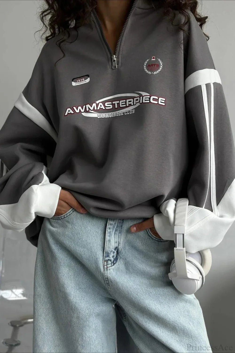Half-Zip Stand Collar Letter Print Hoodie
