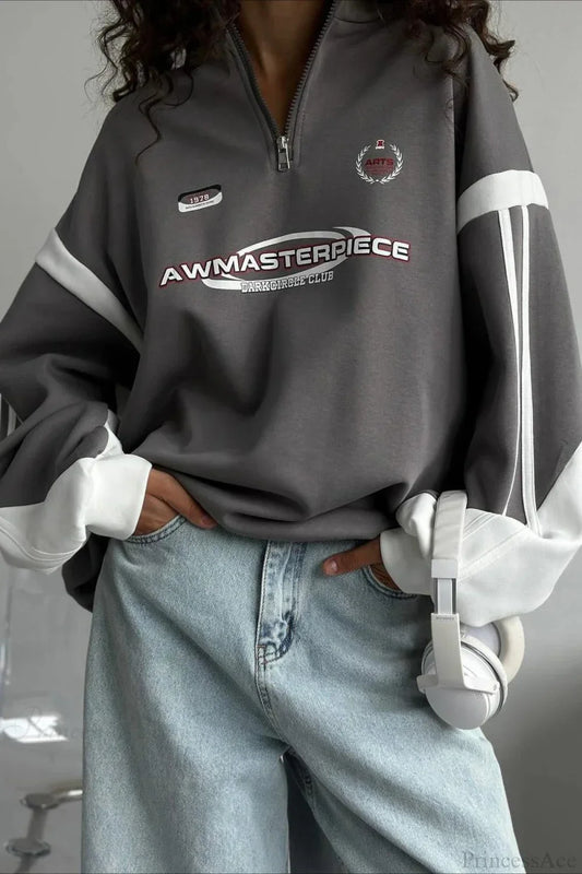Half-Zip Stand Collar Letter Print Hoodie