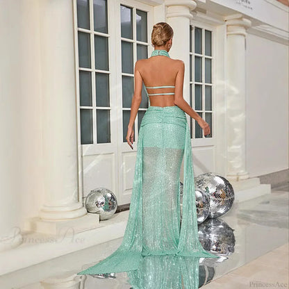 Halter Backless Sequin Mermaid Floor Length Prom Dress