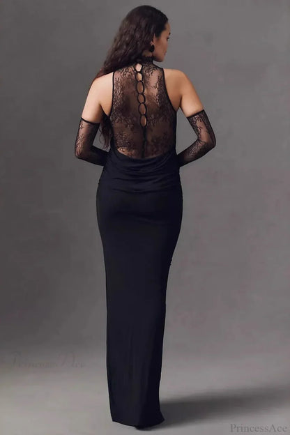 Halter Lace Paneled Deep V Ruched Evening Dress