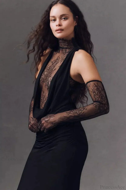 Halter Lace Paneled Deep V Ruched Evening Dress