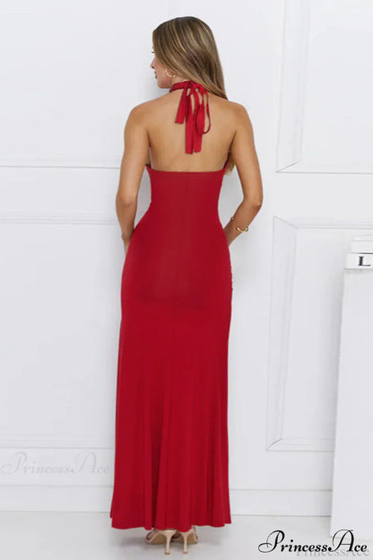 Halter V Neck Slit Slim Long Fitted Party Dress