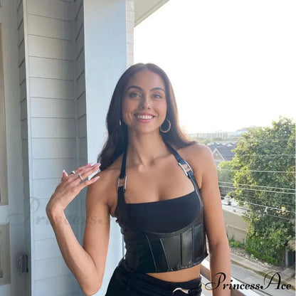Hanging Neck Sexy Black Nightclub Matte Charm Hot High Street Shrink Gather Women's Navel Short Vest Tank top
