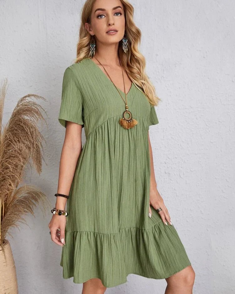 Crinkle Gauze Deep V-Neck Empire Waist Tiered Ruffle Hem Mini Dress