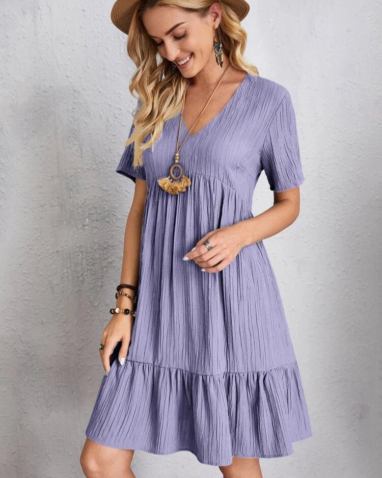 Crinkle Gauze Deep V-Neck Empire Waist Tiered Ruffle Hem Mini Dress
