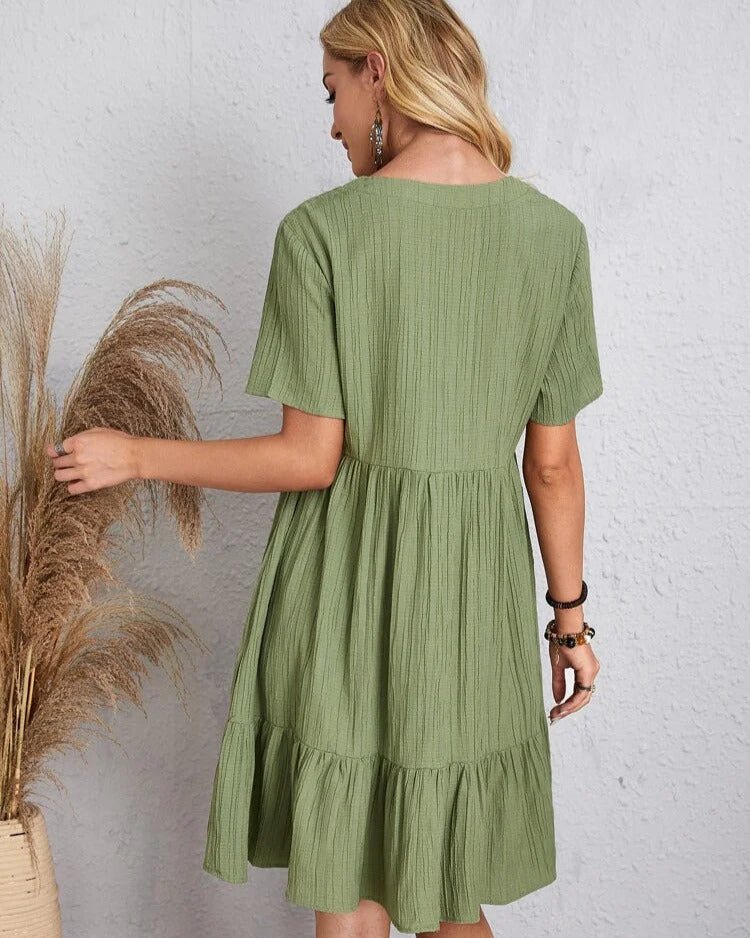 Crinkle Gauze Deep V-Neck Empire Waist Tiered Ruffle Hem Mini Dress