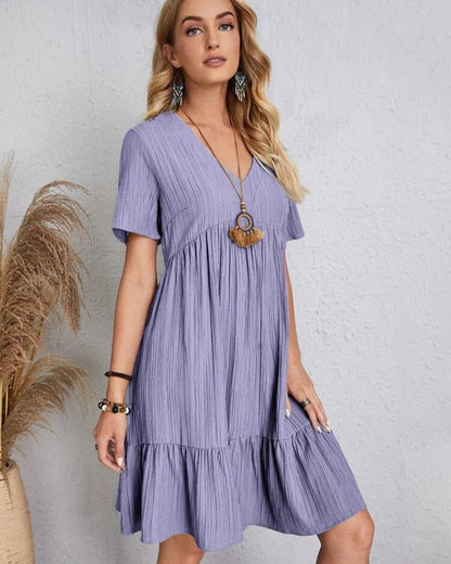 Crinkle Gauze Deep V-Neck Empire Waist Tiered Ruffle Hem Mini Dress